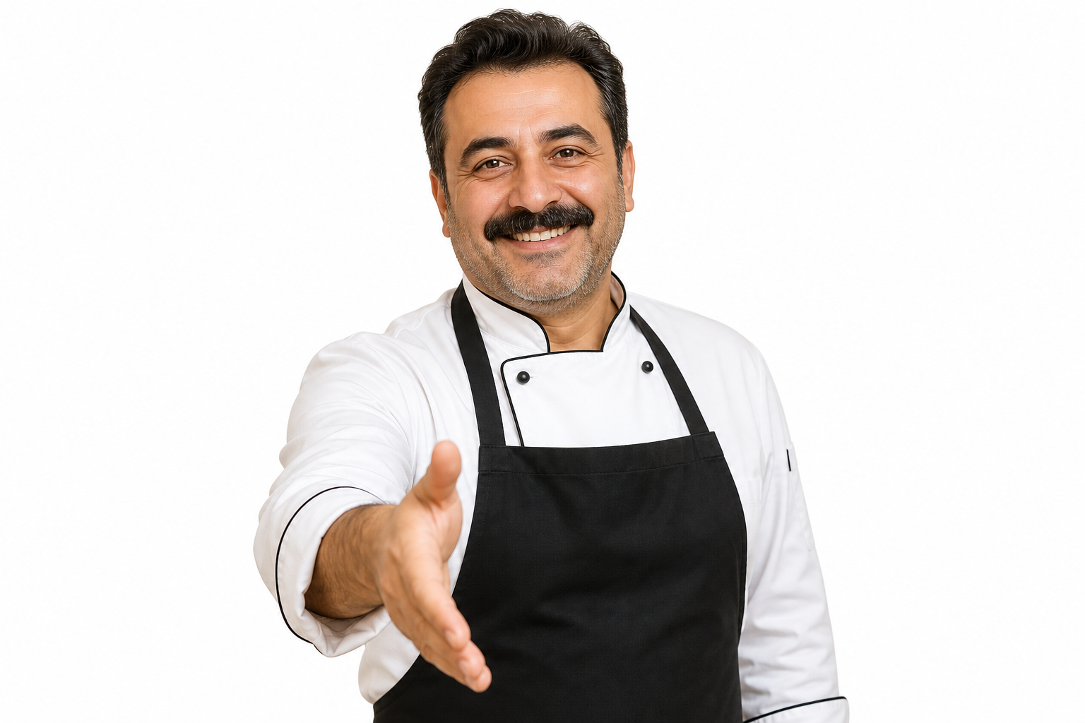 Beyaz önlüklü restoran sahibi el sıkışıyor